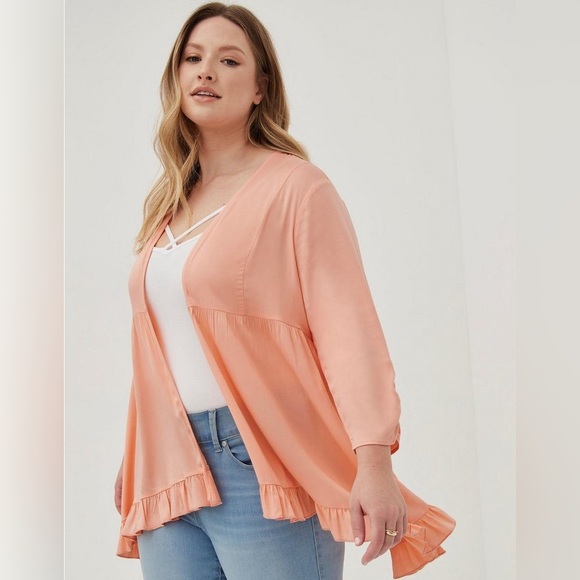 torrid Sweaters - Torrid Coral Pink Ruffle Tunic Duster Sweater Cardigan Size 2X